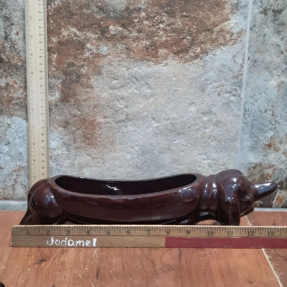 Vintage Dachshund Dog Ceramic Cracker Tray Planter Brown Glazed